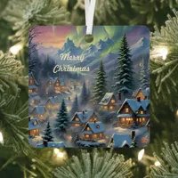 Christmas in a mountain village, polar lights  metal ornament