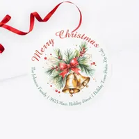 Golden Bells with Red Bow Christmas Return Address Classic Round Sticker