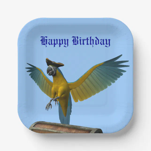 Blue and Gold Macaw Wearing a Pirate Hat Paper Plates