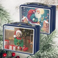 Son Photo | Santa Delivering Gifts | Kids Blue Metal Lunch Box