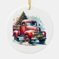  Old-Fashioned Christmas Vintage Red Truck Ceramic Ornament