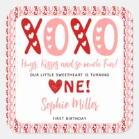 XOXO Hugs & Kisses Valentine's Day 1st Birthday Square Sticker