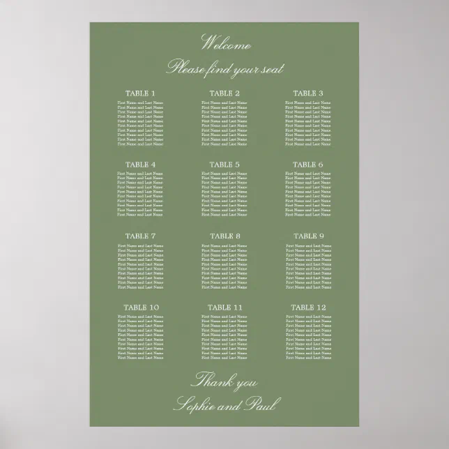 Sage Green 12 Table Wedding Seating Chart Poster