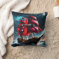 Red-Sailed Pirate Ship Navigating Stormy Seas Throw Pillow