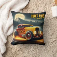 Hot rod zooms by moonlit lake throw pillow