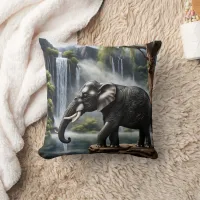 Majestic Elephant by Serene Waterfall at Dawn Throw Pillow