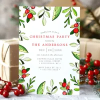 Botanical Berries And Leaves Christmas Party Invitation