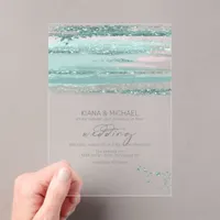 Abstract Paint Strokes Wedding Teal V3 ID886 Acrylic Invitations