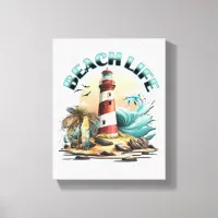 Beach Life | Tropical Lighthouse Art Canvas Print