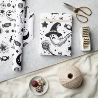 Black And White Cute Halloween Line Art Wrapping Paper