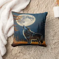 Howling Wolf Under a Full Moon at Night Throw Pillow