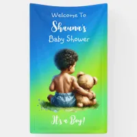 African-American Baby Boy with Teddy Baby Shower Banner