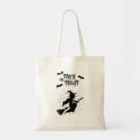 trick or treat the flying witch halloween tote bag