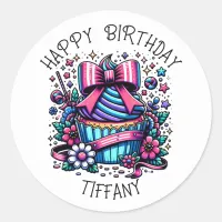 Birthday Cupcake Whimsical Personalized Classic Round Sticker