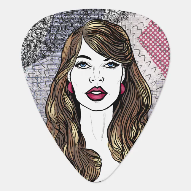 portrait of a girl with long brown hair guitar pick