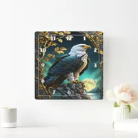 Eagle Perched on Rock by Moonlit Lake Square Wall Clock