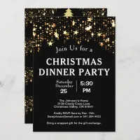 Christmas Dinner Party Gold Stars Trees Black Invitation