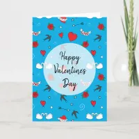 Happy Valentines Day Retro Patterned Blue Holiday Card