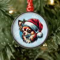 Chihuahua in Santa Hat Christmas Metal Ornament