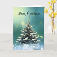 Beautiful Christmas Tree with Snow and Gold Lights Card