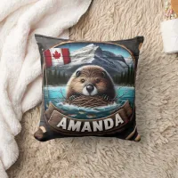 Canadian Beaver Holding Nesting Material by Lake Throw Pillow