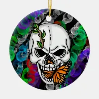 Skull and Monarch Butterfly Christmas or Halloween Ceramic Ornament