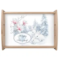 Cute White Rabbits in Snow Winter Holiday Serving Tray