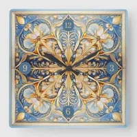 Baroque Floral Tile Pat#16 Blue Gold ID1078 Square Wall Clock