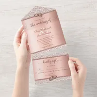 Rose Gold Glitter Damask Elegant Wedding All In One Invitation