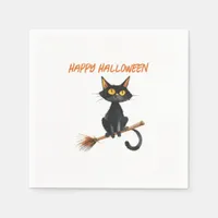 Black Cat on a Witch's Broom Happy Halloween Napkins