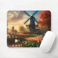 Windmill in Dutch Countryside by River with Tulips Mouse Pad