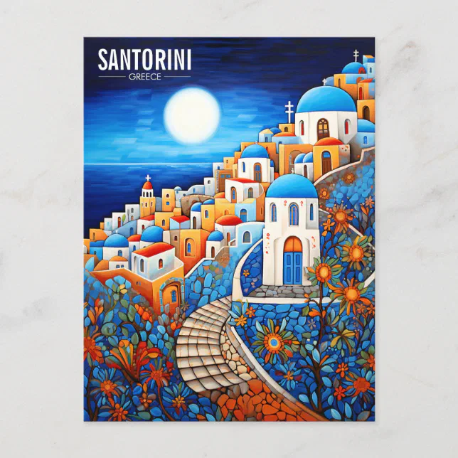 Santorini Island Painting | Greece Travel | Art Postcard