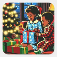 Cute Kids on Christmas Morning Holiday Square Sticker