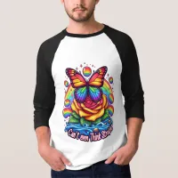 Vibrant Butterfly Perched on Colorful Rose T-Shirt