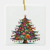 Wacky Whimsical Christmas Tree, Bright Colors Ceramic Ornament