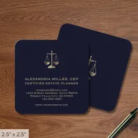 Navy Blue and Gold Justice Scales Square Business Card