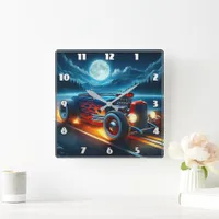 Hot rod cruising under the full moon square wall clock