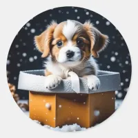 Cute Puppy in Gift Box Holiday Christmas Classic Round Sticker