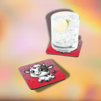 Silver Glitter on Red with a Cow | Beverage Coaster