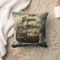 Pirate Ship Sailing Through Stormy Seas at Dusk Throw Pillow