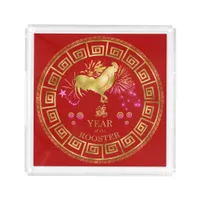 Chinese Zodiac Rooster Red/Gold ID542 Acrylic Tray