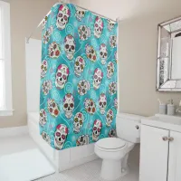 Sugar Skulls and Swirls Rose Turquoise ID725 Shower Curtain