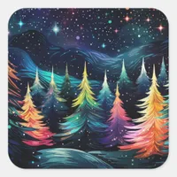 Enchanting Pine Trees on a Magical Starry Night  Square Sticker