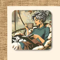 Cozy Lady Reading with Coffee and Cat   Square Sticker