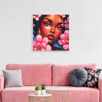 Pretty Woman of Color with Pink Flowers  Canvas Print