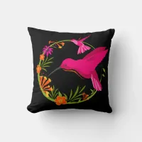 Pink Hummingbirds on Black Tropical Throw Pillow