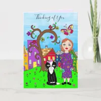 Thinking of You Whimsical Lady and Cat Friendship Card