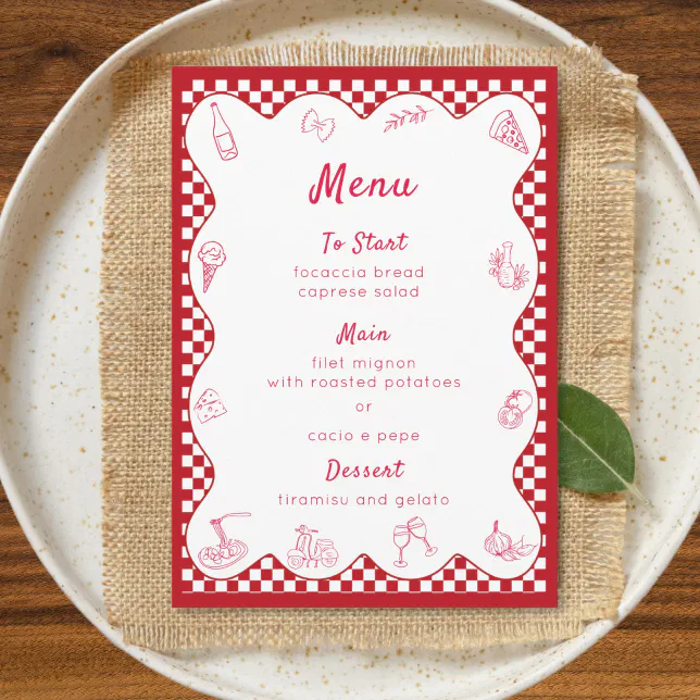 Chic Timeless Italian-Themed Red Checkered Wedding Menu