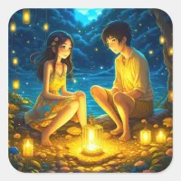 Ethereal Anime Boy and Girl and Golden Lanterns Square Sticker