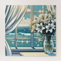 Pretty Ocean View and Vase of Flowers  Jigsaw Puzzle